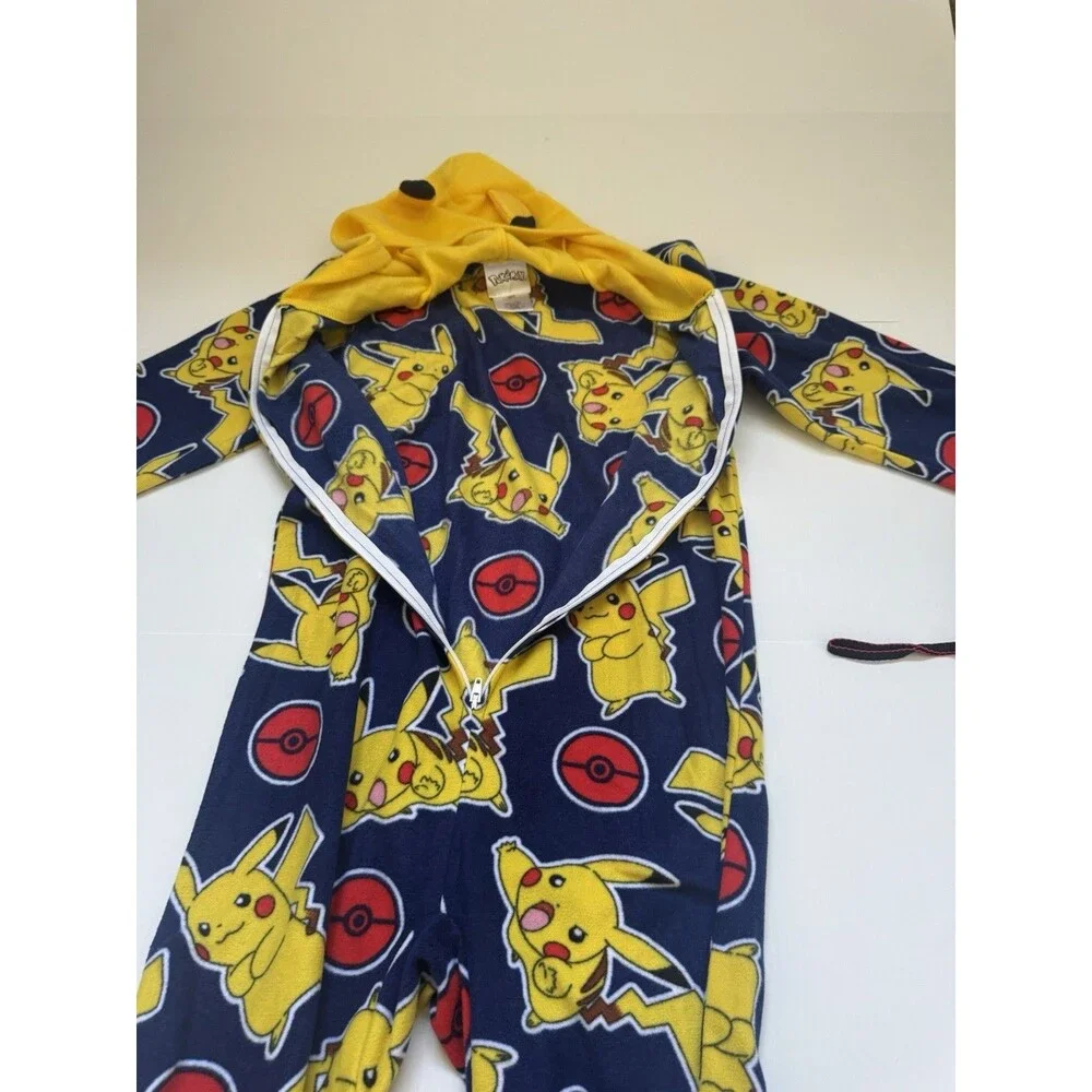 Pokemon Pikachu Hooded One Piece Pajamas Kids Size S 6-7 Fleece Zip Front